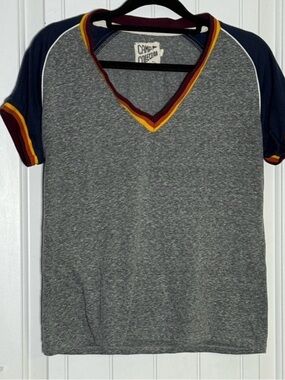 Camp Collection Grey Raglan V-Neck Tee with Striped Trim